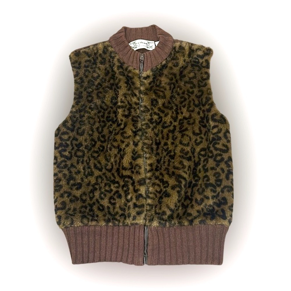 Vintage Tiara Faux Fur Animal Print & Brown Ribbed Knit Vest Full Zip Size XL